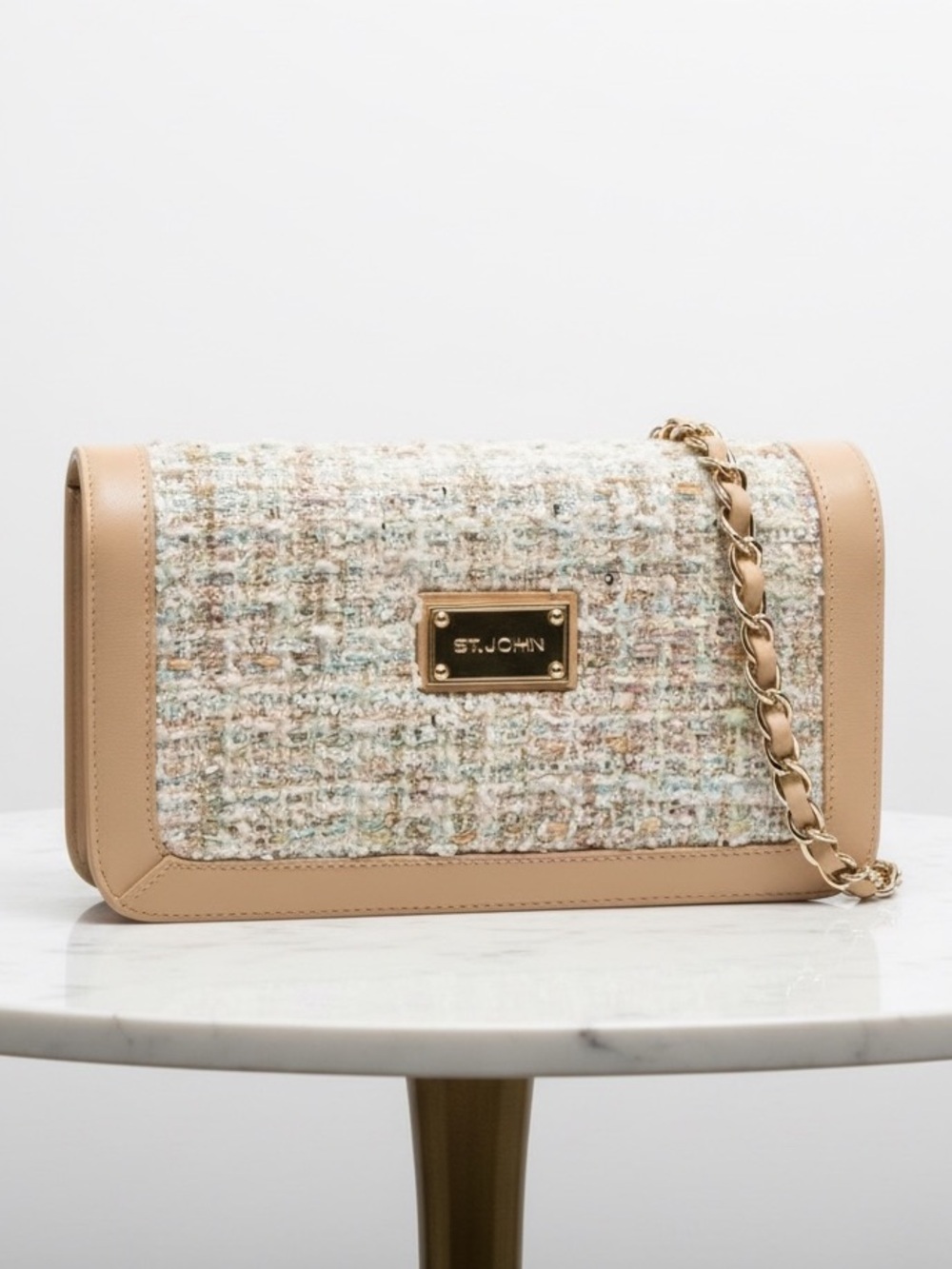 St John Handbag Tweed & Tan Leather Crossbody or Clutch